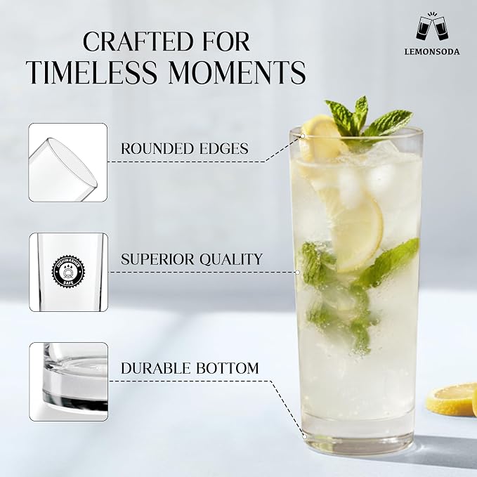 LEMONSODA Premium Highball 12oz/15oz Glass Sets - Elegant Tom Collins Glasses - Tall Water Drinking Glasses - Bar Glassware for Mojito, Whiskey, Cocktail (15oz, Set of 6)