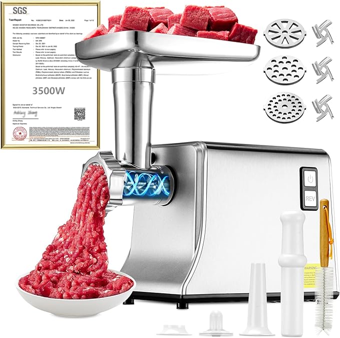 5.0 Upgrade Electric Meat Grinder【 3500W Super Motor】【SGS Certified SUS304 Blade & Plate】3-Second Fast Meat Grinding, Perfect For Meat Grinders For Home Use (SILVER)