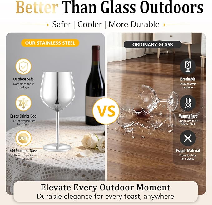 UNISWEET Stainless Steel Wine Glasses Set of 4 Unbreakable Wine Glass 18 oz Unique Metal Wine Goblets for Outdoor, Travel, Camping, Pool, Ideal Gift for Wine Lovers (Mirror-Silver)