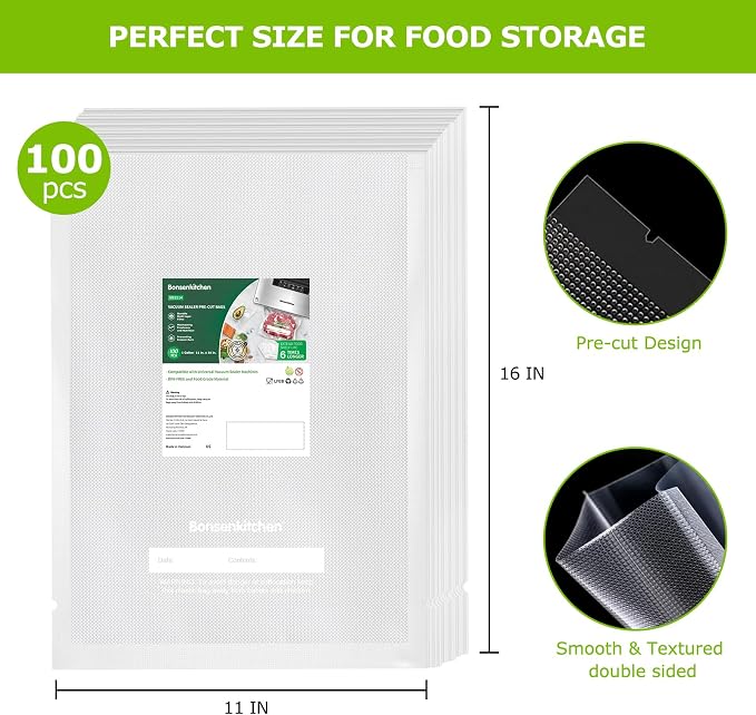 Bonsenkitchen Precut Vacuum Sealer Bags, 100 Gallon 11" x 16" Food Sealer Bags, Food Grade, BPA Free, Heavy Duty, Customized Vacuum Bags for Vac Storage, Meal Prep or Sous Vide Cooking, VB3214