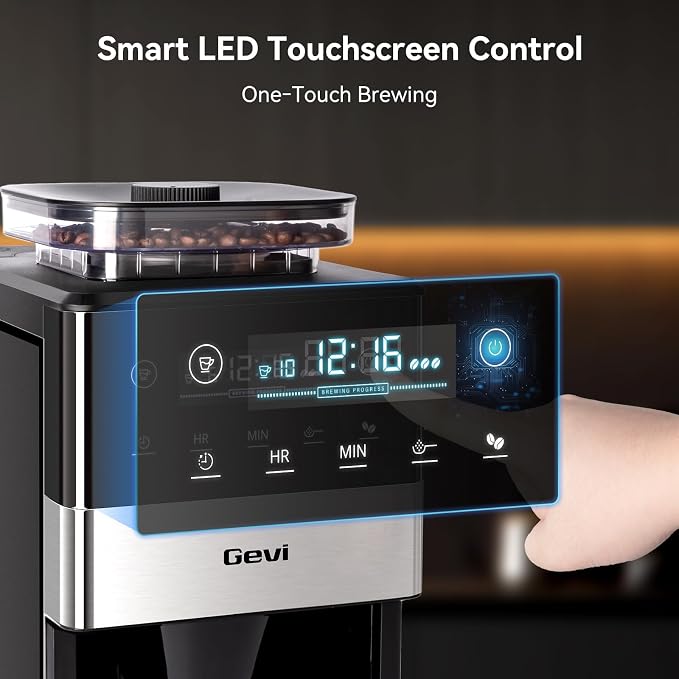 Gevi 10 Cup Drip Coffee Maker with Built‑in Grinder, Grind & Brew Machine, Large Touch Screen, Programmable Scheduled Brewing, 90‑Min Keep‑Warm Plate, Permanent Filter, 1.5L Tank