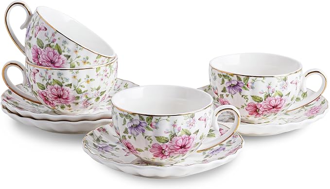 Agyiuns Tea Cup and Saucers, 6.4oz Floral Tea Cups with Gold Trim, Coffee Cappuccino Espresso Latte Mugs for Party Birthday,Christmas Gift (Pink and purple flowers)