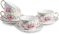 Agyiuns Tea Cup and Saucers, 6.4oz Floral Tea Cups with Gold Trim, Coffee Cappuccino Espresso Latte Mugs for Party Birthday,Christmas Gift (Pink and purple flowers)