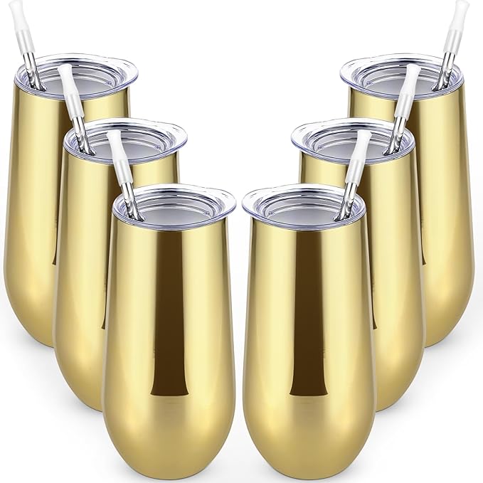 Lifecapido 6 Pack Insulated Stainless Steel Flutes, 12oz Stemless Champagne Flutes, Gold Plating for Birthday Wedding Christmas Party