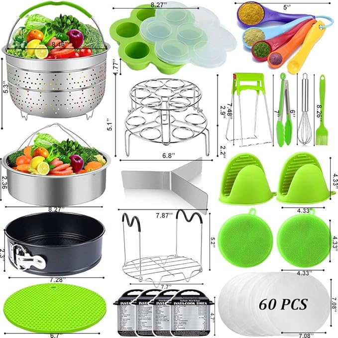 Sugaroom 101 PCS Pressure Cooker Accessories Set Compatible with Instant Pot Accessories 6 qt 8 quart - 2 Steamer Baskets, Springform Pan, Egg Rack, Egg Bites Mold, Steamer Rack and More