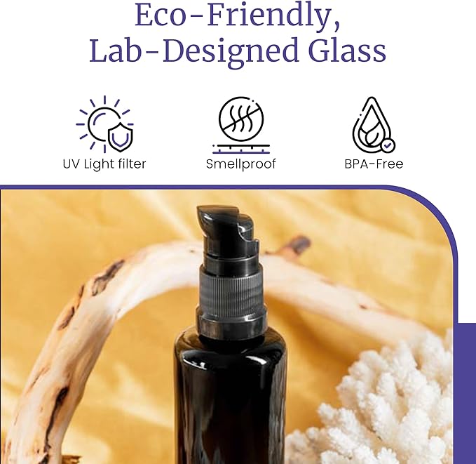 Infinity Jars 50 Ml (1.7 fl oz) Refillable Ultraviolet Black Glass Pump Bottles Leak-Proof Travel Containers for Toner, Sanitizer, Beard Oil, Hair Serum, Essential Oils
