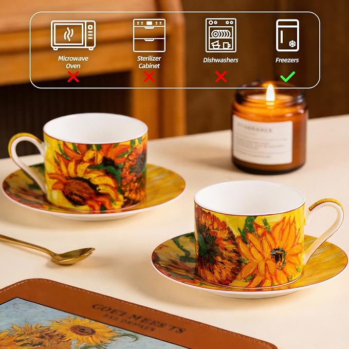 KAMMAK Tea Cups and Saucers Set of 2, Porcelain Coffee Cups, Stackable Espresso Mugs, Ceramic Demitasse for Coffee, Cappuccino, Latte, Americano, Tea, Large - Sunflower Oil Painting