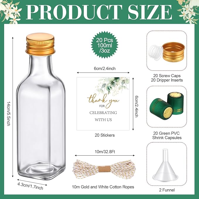 Reallnaive 20 Pack 3 oz Mini Glass Olive Oil Bottles Set, Homemade Wedding Sauce Gift Bottles Leakproof Screw Cap, Thank You Wedding Stickers for Storing Oil Honey Bridal Baby Shower Favors (Green)