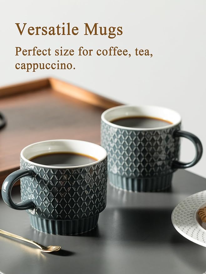 Gomakren Coffee Mugs Set of 4, 13 Ounce Stackable Coffee Mug Set with Stand, Father's Day Stoneware Coffee Cup with Spoon for Coffee, Milk, Tea, Cocoa, Grey