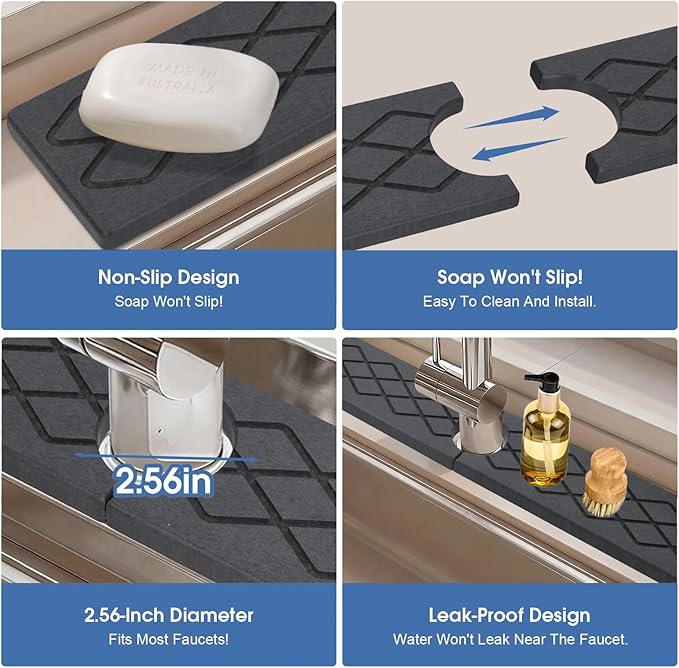 Diatomite Sink Splash Guard, Faucet Mat for Kitchen Sink 30" x 4", Super Absorbent Quick Drying Stone Mat, Faucet Splash Guard for Bathroom Counter, Matte black