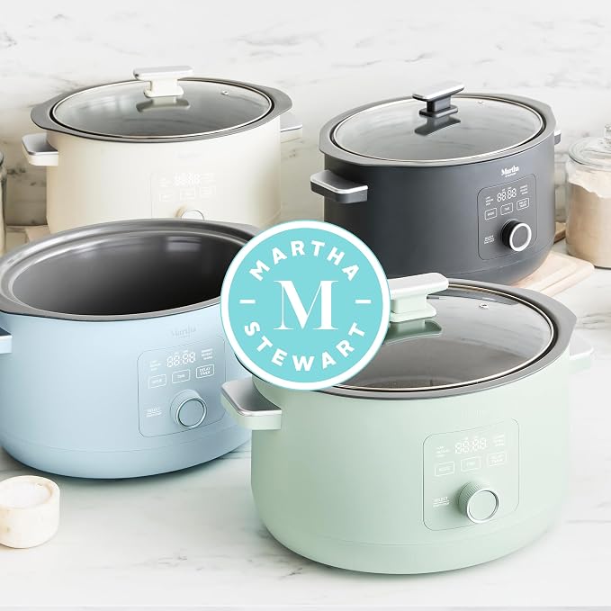 Martha Stewart 8 QT Slow Cooker, Programmable with Timer, 3 Heat Settings (Low, High, Warm), Nonstick Ceramic Removable Crock, Stovetop & Oven Safe, Glass Lid, Simmer, Reheat, Warm, Sky