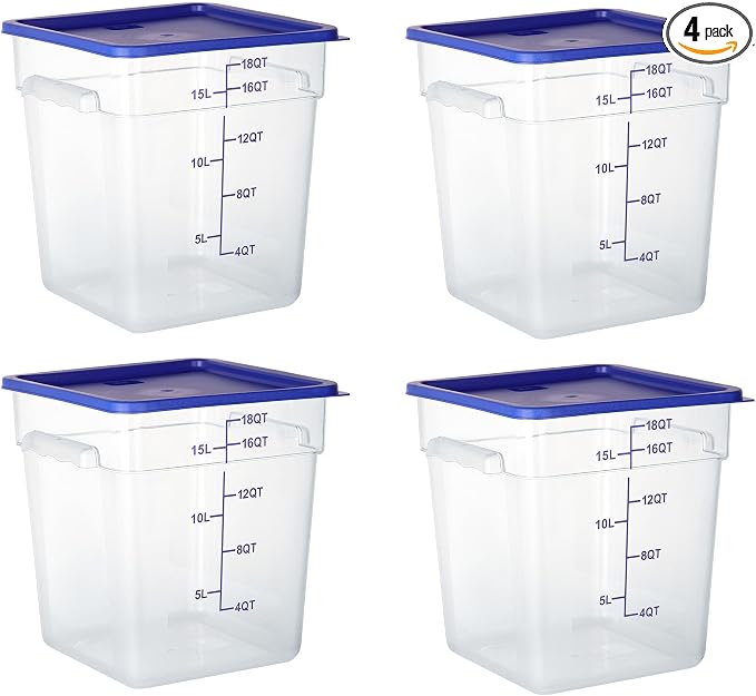 4 Pack 18 Qt Square Polycarbonate Food Storage Containers with Lids | Clear BPA-free PC with lids, side handles, measurement scale and stackable design; for food prep, storage and freezer use.