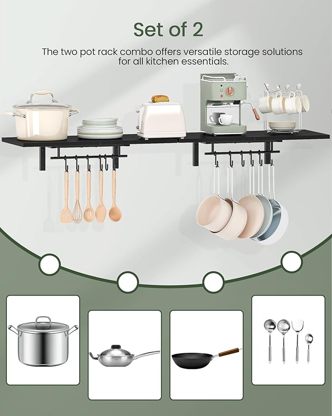 CHOEZON Wall-Mounted Pot Racks, Set of 2 Hanging Pot Rack, Floating Shelves, Wall Shelves, Vintage Pot Hangers for Kitchen, Wall Rack for Kitchen Storage, Black TPR27P2BB
