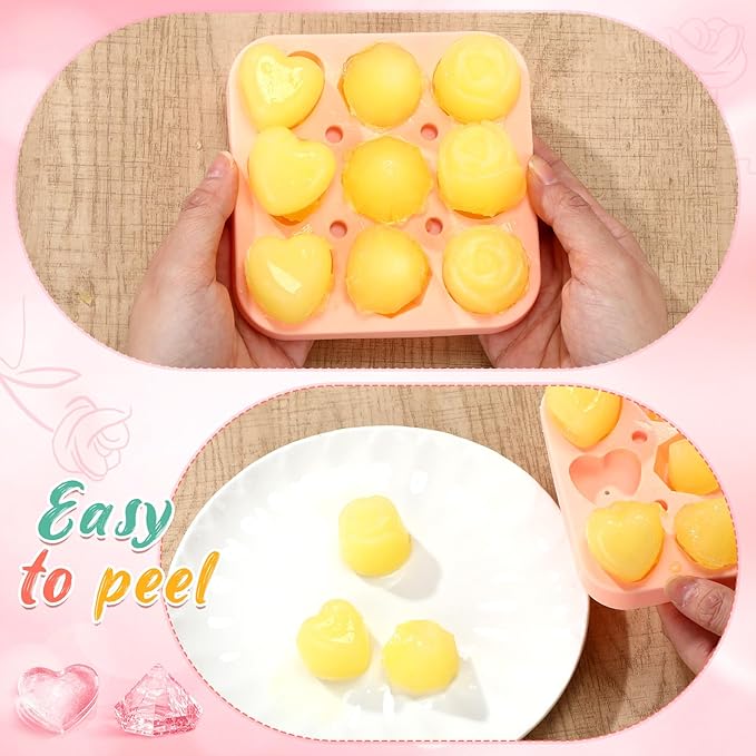 Censen 4 Pcs Silicone Rose Heart Diamond Ice Cube Mold 3D Mold with Covers 9 Cavity Easy Release Cube Tray Easy Release Form for Whiskey Bourbon Cocktails Wine Coffee Juices and More