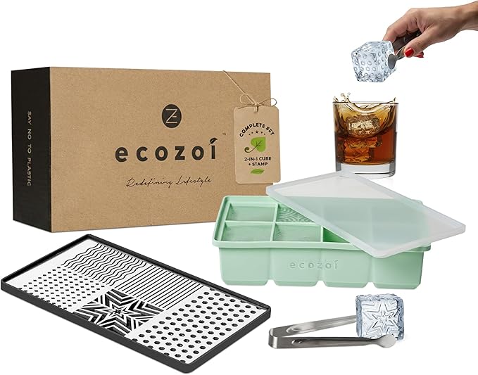 Ecozoi Stainless Steel Ice Cube Tray Design Set – Stainless Steel Ice Stamp with Silicone Drip Mat, Large Cube Tray & Tongs – Designer Stamps for Cocktails Slow-Melting Cubes
