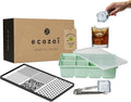 Ecozoi Stainless Steel Ice Cube Tray Design Set – Stainless Steel Ice Stamp with Silicone Drip Mat, Large Cube Tray & Tongs – Designer Stamps for Cocktails Slow-Melting Cubes