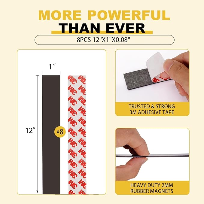 Adhesive Magnetic Tape 8 Feet,Flat Package (8 PCS 1X12"),Sticky Strips,Tapes Magnets for White Board.Magnetic Strips for Classroom