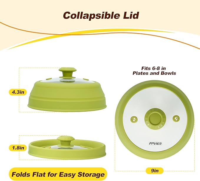 Microwave Splatter cover, Glass Microwave Cover for Food, Guard Lid with Collapsible Silicone for 6-8 inch Plates & Bowls, Dishwasher Safe, Heat Resistant, BPA-Free, 9 inch Green
