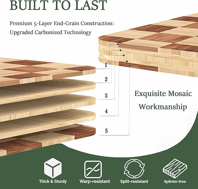 XL Bamboo Cutting Board for Kitchen Extra Large Checkered End Grain Wood Chopping Board with Deeper Juice Grooves Wooden Butcher Block for Kneading Dough, Meat, Cheese & Charcuterie