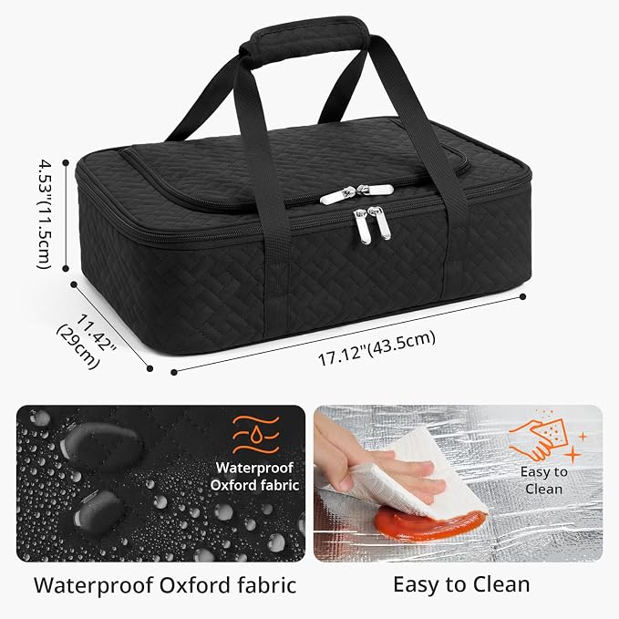 Insulated Casserole Carrier - Portable Casserole Carrier for Hot or Cold Food, Lasagna Holder for Parties,Picnic,Cookouts,Traveling - Fits 9" x 13" Baking Dish (Black)