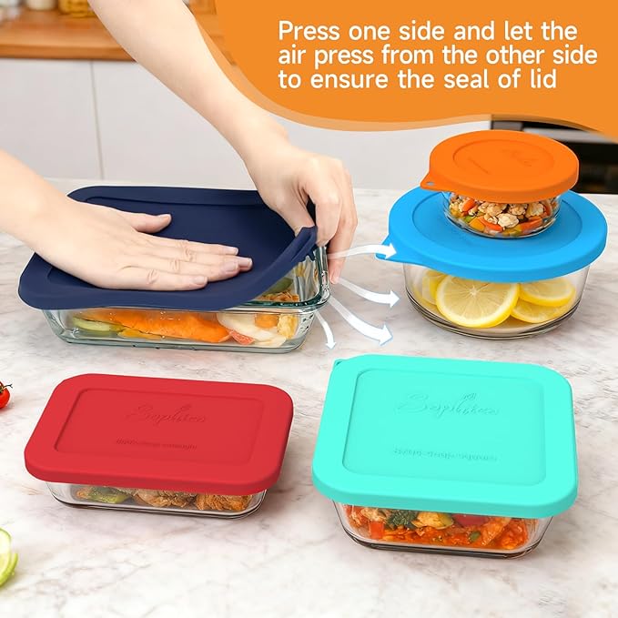 Sophico 7-Pack Silicone Lids for Pyrex Freshlock and SNAPWARE Glass Bowls - Airtight, Leakproof, Freezer/Dishwasher/Microwave Safe Replacement Rectangle Covers（Glass bowls not included）