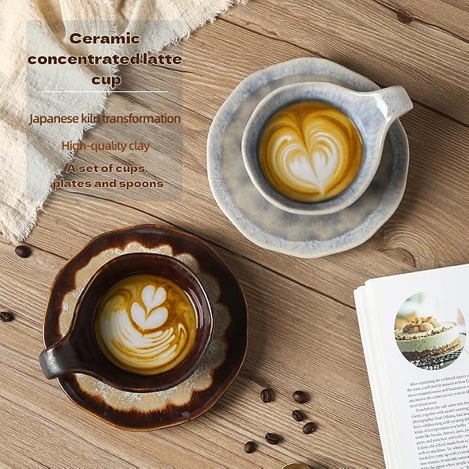 Japanese Raku Porcelain Ceramic Coffee Mug Set 5.4 fl oz with Saucer & Spoon - Handmade Modern Tea Cups for Espresso, Latte, Cappuccino - 2 Color (White&Blue, Brown&Yellow) (brown + yellow)