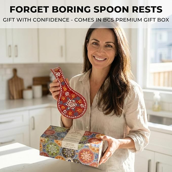 BCS Ceramic Spoon Rest, Large 9” Hand Painted Spoon Holder for Stove Top & Kitchen Counter, Dishwasher Safe & Heat Resistant Utensil Holder, Floral Kitchen Decor, Handmade Pottery