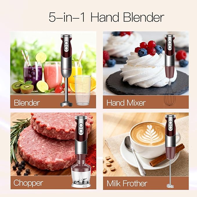 MegaWise 5-in-1 Hand Blender Set with Variable Speed Control, 400W Immersion Blender - Includes Whisk, Milk Frother, Chopper, and Beaker for Smoothies, Soups, and Baby Food (RED)