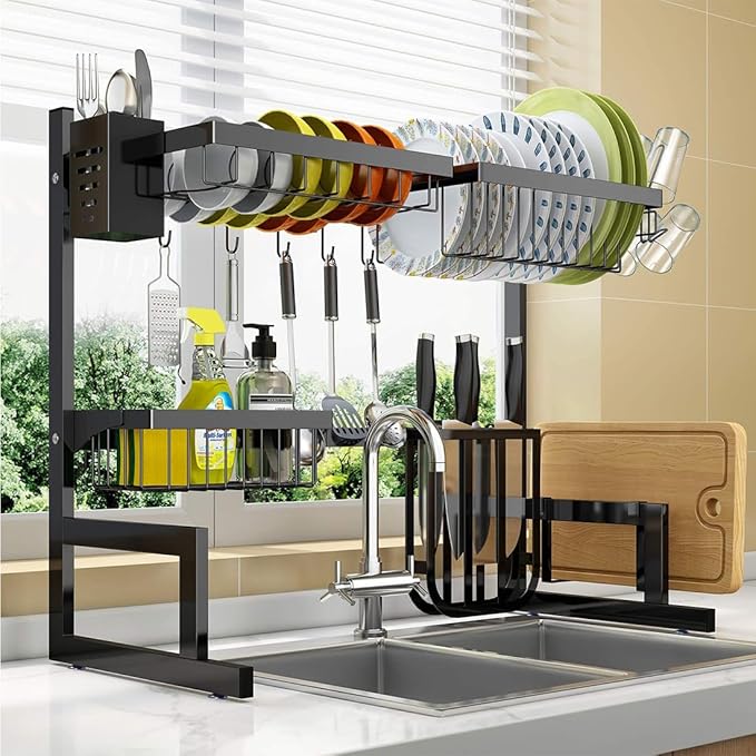 Eimolife Over Sink Dish Drying Rack, 2-Tier Adjustable, Stainless Steel Kitchen Counter Organizer with Hooks, Black