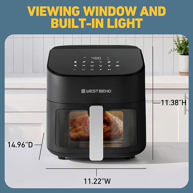 West Bend Digital Air Fryer 7 Qt with One-Touch Presets, Shake Reminder for Even Cooking, Fast 1600W Heating, Nonstick Easy-Clean Basket, in Black/Silver