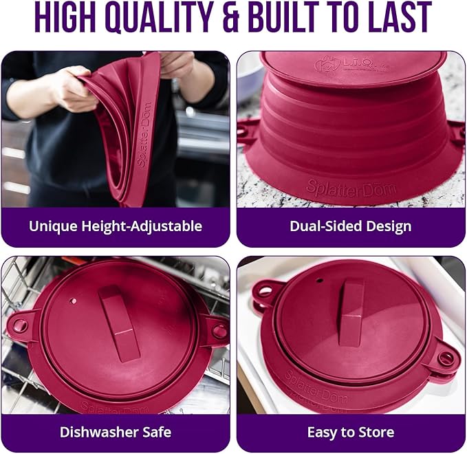 L.I.Q Silicone Splatter Guard – Fits 8 and 10 Inch Pots (20 and 25 Centimeters) – Microwave Safe and Durable SplatterDom - Includes 8” Lid - Food and Oil Splash Guard (Bordeaux, Small)