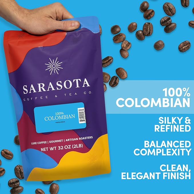 2 lb Whole Bean Coffee, 100% Colombian Coffee, Colombia Excelso, Medium Roast, Low Acid, Specialty Grade, Mold Free, 32 oz