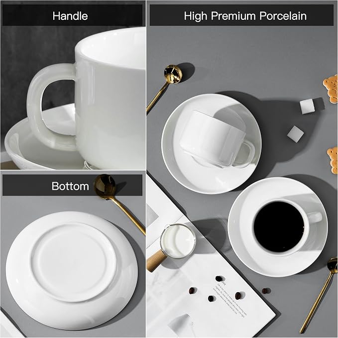 8oz Cappuccino Cups Set of 4, Tea Cups with Saucers and Spoons, White Ceramic Tea Cups Set Coffee Mugs for Tea Cappuccino Espresso Latte Mocha Au Lait Macchiato Cafe