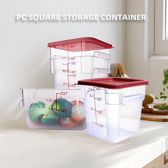 2 Pack RED Square Food Storage Container With Lid,Commercial Storage Box With Scale & Handle,Cake Making,Dough Marinating Meat,Kitchen Supplies (2 Quart)