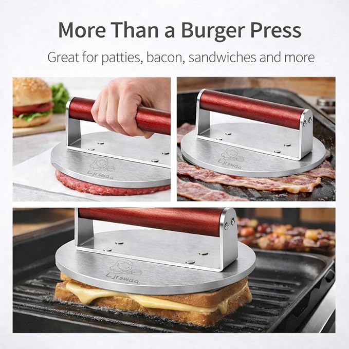 8.5" Extra Large Stainless Steel Burger Press,2.5 Lb Round Metal Burger Smasher,Bacon Hamburger Searing Fish Protein Preheatable Press Weight, Dishwasher Safe,Commercial Grill Griddle BBQ Tool