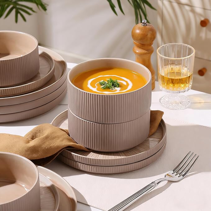 Dinnerware Sets, Ceramic Plates and Bowls Set 12 Piece Dinnerware for 4 Chip Resistant Stoneware, Dishwasher and Microwave Safe-Warm brown