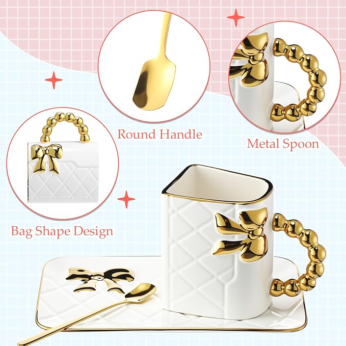 Sliner Set of 4 Handbag Coffee Mug Purse Tea Cup Set, Ceramic 10 Oz/ 310 ml, Handbag Shaped Mug with Saucer Spoon for Women Office Home Holiday Christmas Thanksgiving Christmas Gifs(Modern)