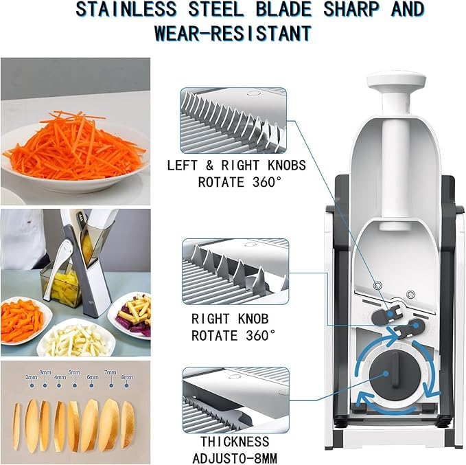 Adjustable Mandoline Slicer & Vegetable Chopper - Professional Kitchen Food Slicer, Multifunctional Potato Cutter, French Fry & Salad Chopper with 5 Blades (Blue)
