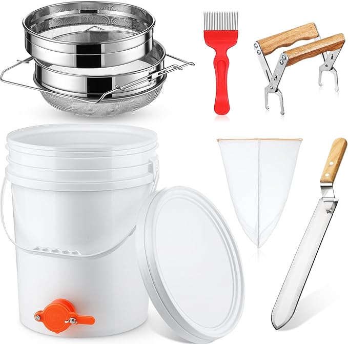 7 Pcs Honey Harvesting Kit, 5 Gallon Honey Bucket with Gate, Double Sieve Stainless Steel Strainer, Supports, Uncapping Fork, Scraper Knife, Filter Bag for Honey Extractor Beekeeping Supply