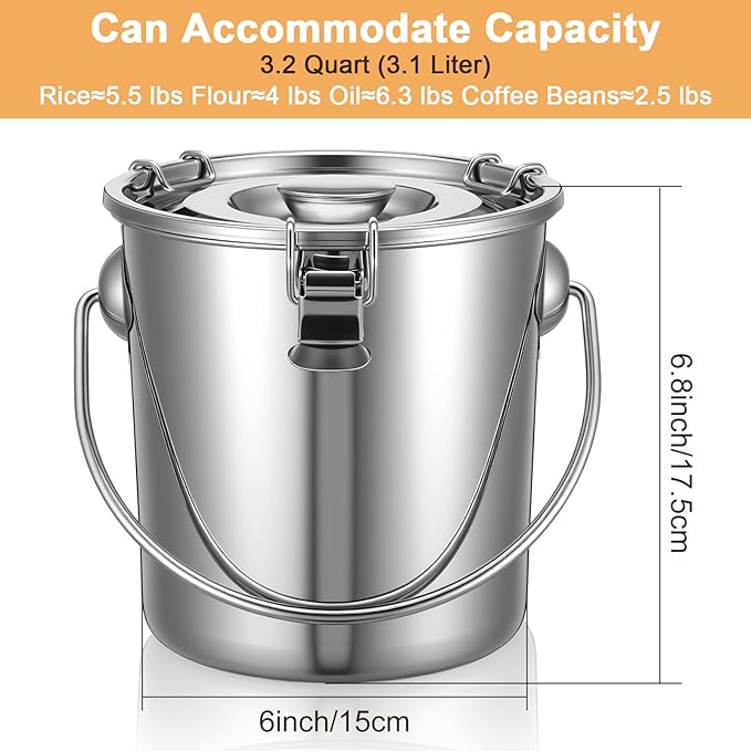 iplusmile Stainless Steel Airtight Canisters Container: 112 fl oz Airtight Clamp Lid Kitchen Food Storage Bucket for Rice Flour Grain Coffee Bean Flour Oil Sugar Milk