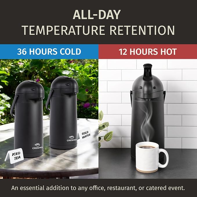 Airpot Coffee Carafe Dispenser with Pump, Black | 12 Hours Hot Water Retention, 36 Hours Cold Retention, Thermal Carafe for Hot Drinks, One-Handed Dispensing