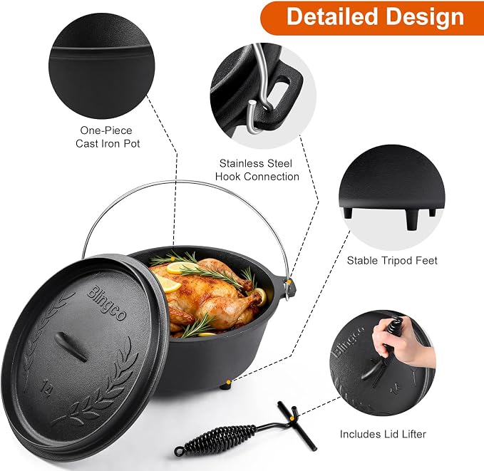 Pre-Seasoned Cast Iron 10QT Camp Dutch Oven with Lid, Large Camping Dutch Oven Pot, incl. Lid Lifter - Dual Handles - for Outdoor Campfire, Grill, Oven&Stovetop Cooking - Black