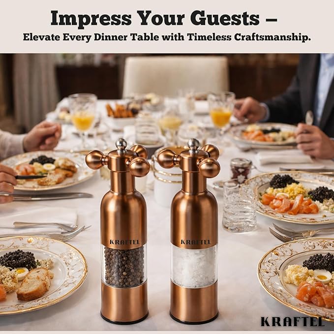 Premium 8" Salt and Pepper Grinder 2PK. Large Peppermill - Refillable, Adjustable Coarse, Antique Stainless Steel Spice Shaker. Clear Acrylic aesthetic - Cute Copper Color Kitchen Gift for Mom