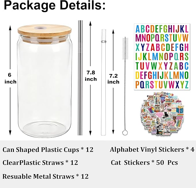 16 oz Clear Plastic Cups Reusable with Bamboo Lids and Straws & DIY Sticker, 12Pack Acrylic Mason Jars Iced Coffee Drinking Glasses Cup for Park Picnic, Poolside, Party Giveaways