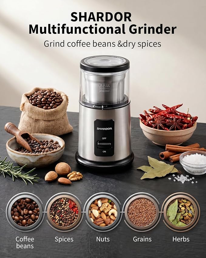 SHARDOR Quiet Coffee Grinder Electric, 70g Removable Bowl Spice Grinder for Coffee Beans, Seeds and Grains, Super Silent Grinding Mill with 60dB Low Noise, 2.5oz Capacity, Silver
