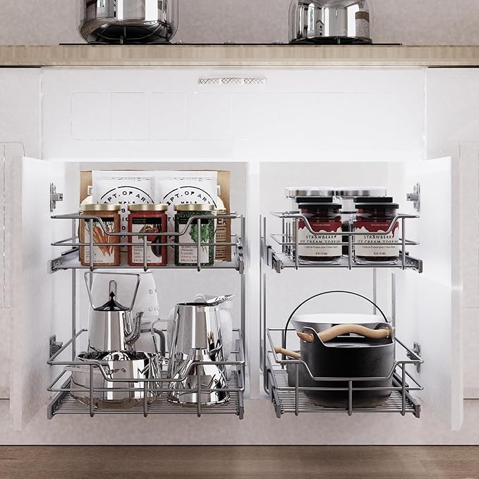 2 Tier Pull Out Cabinet Organizer 11" W X 22" D, Slide Out Drawers For Kitchen Cabinets, Pull Out Drawers For Cabinets Capacity Heavy Duty Caddy, Cabinet Pullout Shelves Chrome-Plated, Bathroom Pantry