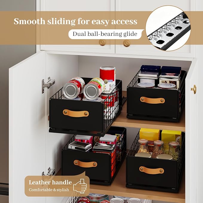 Pull Out Cabinet Organizer, No-Drill Pantry Drawers, Slide Out Shelves with Bamboo Risers for Lipped Cabinets,Ideal for Kitchen, Bathroom & Under Sink Storage (Black, 9.8" Wide-15.7" Deep)