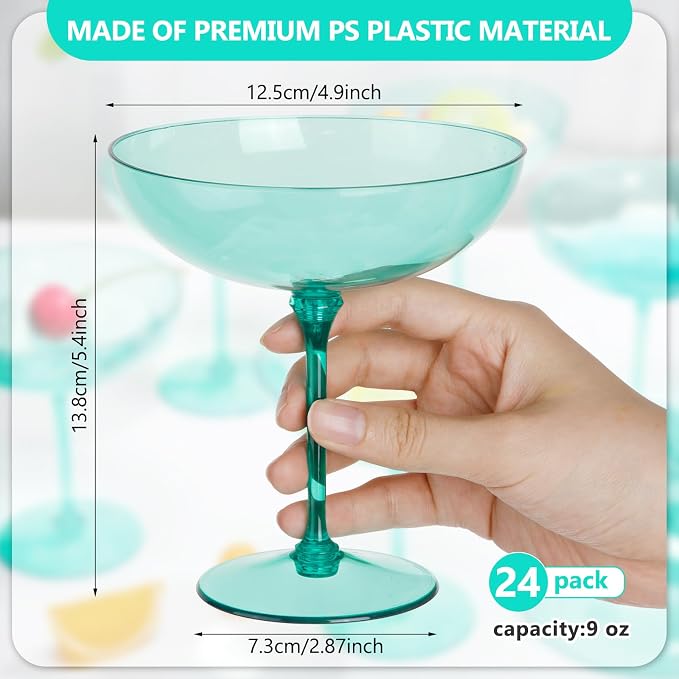 LemonRoad 24 Pcs Plastic Coupe Glasses 9 oz Disposable Martini Glasses for Cocktails, Champagne, Desserts and Espresso, Drinkware Set for Weddings, Birthday Parties, Home Bars (Light Green)