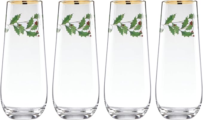Lenox 889237 Holiday 4-Piece Stemless Flute Set, Christmas Theme