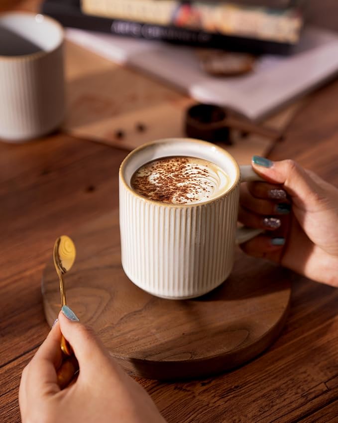 famiware Coffee Mug Set for 6, Star 12 oz Catering Mugs Cup Set with Handle for Coffee, Tea, Cocoa, Milk - Ceramic Stoneware Drinkware Set, Cappuccino White (Pack of 2)